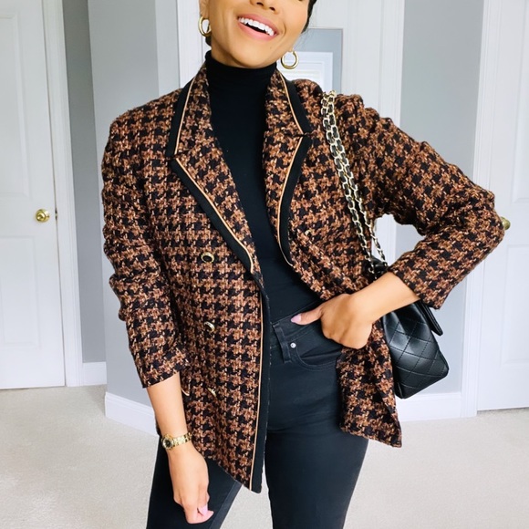 Vintage | Brown and Gold Tweed Double Breasted Houndstooth Blazer - Picture 12 of 13